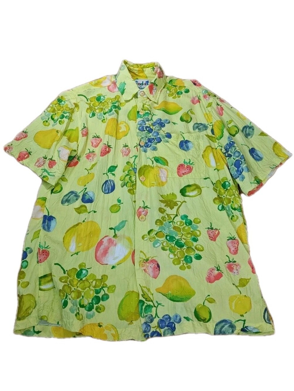 Vtg Food Art By Jams World MARZIPAN Fruit Basket Shirt Sm/M Yellow Crinkled 90s